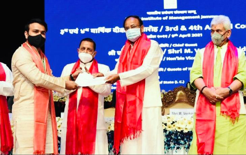 Vice President M Venkaiah Naidu along with Union Minister Dr Jitendra Singh and Lt Governor Manoj Sinha awarding degrees to pass-outs during convocation of IIM Jammu on Friday. Vice President M Venkaiah Naidu along with Union Minister Dr Jitendra Singh and Lt Governor Manoj Sinha awarding degrees to pass-outs during convocation of IIM Jammu on Friday.