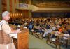 Lieutenant Governor Manoj Sinha addressing a function at SKICC Srinagar on Sunday.