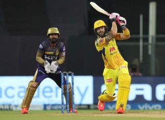Faf du Plessis, Deepak Chahar set up CSK’s 18-run win over KKR Faf du Plessis playing a shot during his 95 not out inning against KKR at Mumbai on Wednesday.