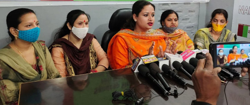 NAUP women leaders addressing a press conference at Jammu on Sunday. NAUP women leaders addressing a press conference at Jammu on Sunday.