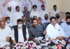 PCC chief G A Mir, flanked by other leaders, addressing press conference in Jammu on Thursday. — Excelsior/Rakesh
