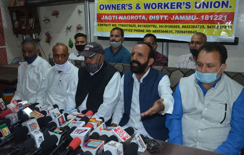 JCB and dumper operators at a press conference at Jammu on Thursday. JCB and dumper operators at a press conference at Jammu on Thursday.