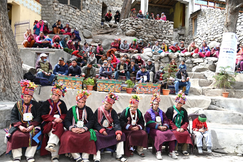 Artists participating in Apricot Blossom Festival in Kargil on Tuesday.