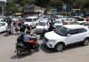 Rush of vehicles despite lockdown near Dalgate in Srinagar on Wednesday. —Excelsior/Shakeel