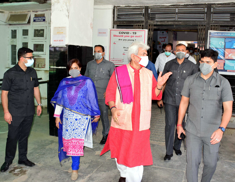 Lt Governor Manoj Sinha during visit to the District Hospital in Samba to review COVID containment measures on Tuesday. Lt Governor Manoj Sinha during visit to the District Hospital in Samba to review COVID containment measures on Tuesday.