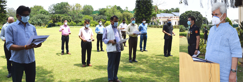 Lieutenant Governor Manoj Sinha administers Anti-Terrorism Pledge to Raj Bhavan officials on Friday. Lieutenant Governor Manoj Sinha administers Anti-Terrorism Pledge to Raj Bhavan officials on Friday.