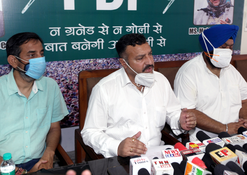 PDP secretary, Rajinder Manhas and others addressing press conference in Jammu on Friday. -Excelsior/Rakesh PDP secretary, Rajinder Manhas and others addressing press conference in Jammu on Friday. -Excelsior/Rakesh