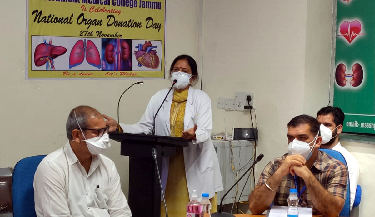 GMC Jammu Principal Dr Shashi Sudhan Sharma speaking on organ donation on Monday. GMC Jammu Principal Dr Shashi Sudhan Sharma speaking on organ donation on Monday.