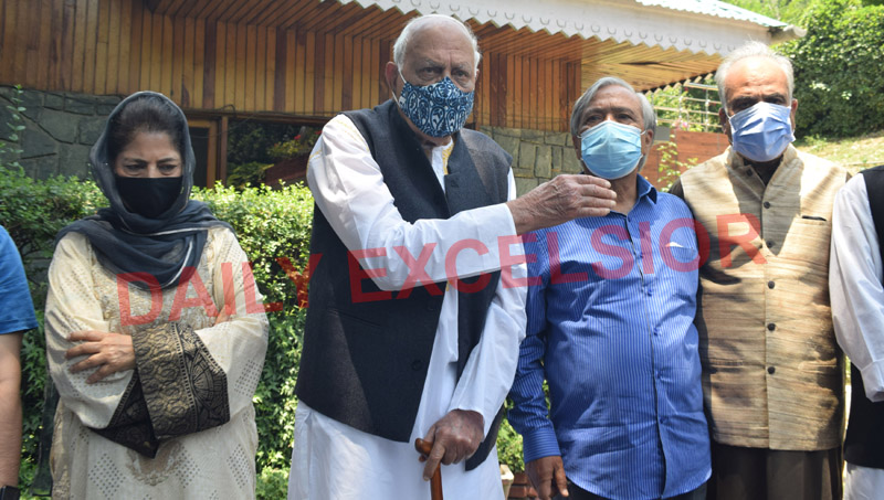 PAGD leaders addressing a press conference in Srinagar. -Excelsior/Shakeel PAGD leaders addressing a press conference in Srinagar. -Excelsior/Shakeel