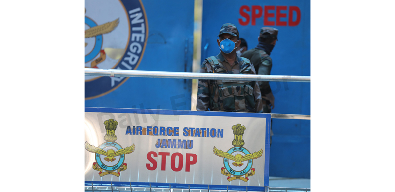 Security personnel on high alert at IAF Station in Satwari on Tuesday. —Excelsior/Rakesh Security personnel on high alert at IAF Station in Satwari on Tuesday. —Excelsior/Rakesh