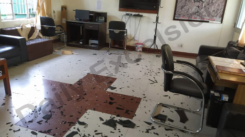 A portion of building which was damaged due to blasts early morning at Jammu Air Force Station on Sunday. —Excelsior Photo A portion of building which was damaged due to blasts early morning at Jammu Air Force Station on Sunday. —Excelsior Photo