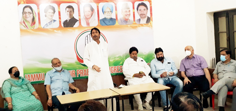 PCC chief G A Mir addressing meeting of senior party leaders in Jammu on Saturday.