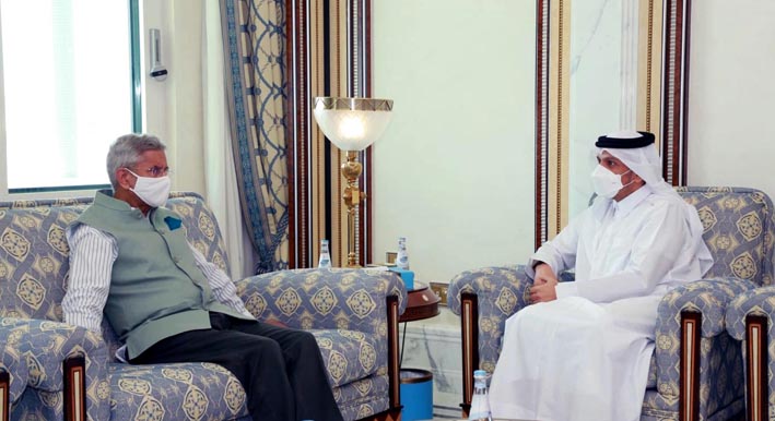 External Affairs Minister, S Jaishankar calling his Qatar counterpart Mohammed bin Abdulrahman Al-Thani, in Doha on Tuesday. (UNI) External Affairs Minister, S Jaishankar calling his Qatar counterpart Mohammed bin Abdulrahman Al-Thani, in Doha on Tuesday. (UNI)