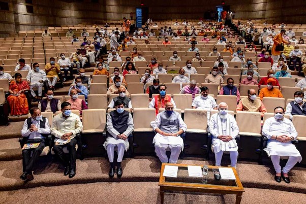 Prime Minister Narendra Modi with Defence Minister Rajnath Singh, BJP President JP Nadda and others at the BJP Parliamentary Party meeting, during the Monsoon Session of Parliament, in New Delhi.