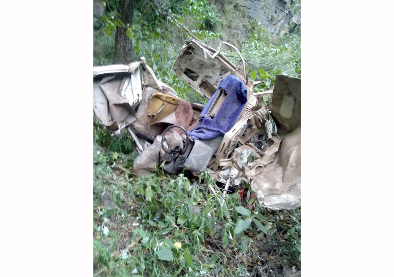 Remains of a Tata Mobile vehicle which met with an accident in Ramban district on Wednesday. Remains of a Tata Mobile vehicle which met with an accident in Ramban district on Wednesday.