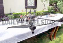 A drone shot down by the cops at Kanachak in Jammu district on Friday. Another pic on page 4. -Excelsior/Rakesh