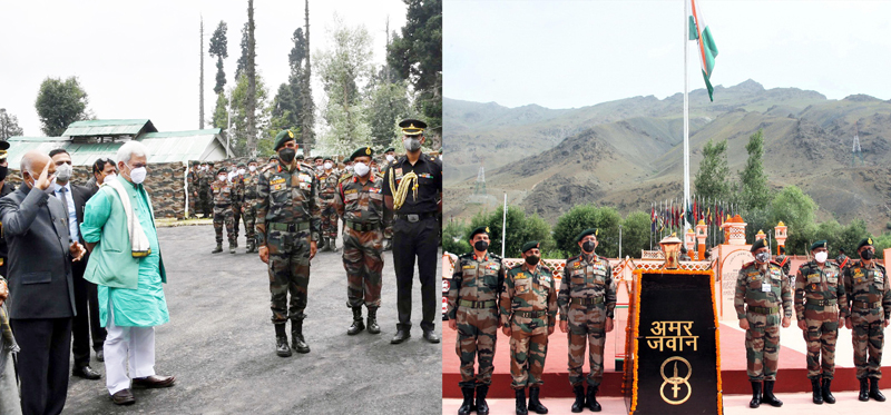 President Ram Nath Kovind flanked by Lt Governor Manoj Sinha taking salute after interacting with officers and jawans of Chinar Corps and High Altitude Warfare School at Gulmarg (left) and senior Army officers paying tributes to soldiers at Kargil War Memorial in Drass (right) on Monday (UNI). President Ram Nath Kovind flanked by Lt Governor Manoj Sinha taking salute after interacting with officers and jawans of Chinar Corps and High Altitude Warfare School at Gulmarg (left) and senior Army officers paying tributes to soldiers at Kargil War Memorial in Drass (right) on Monday (UNI).
