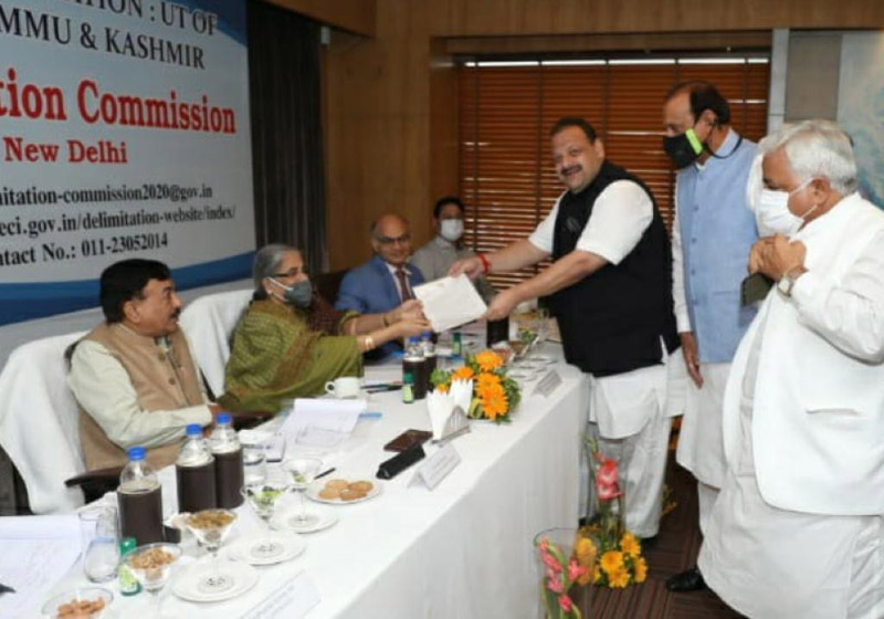The Delimitation Commission receiving memorandum from NC provincial president Devender Singh Rana in Jammu on Thursday. The Delimitation Commission receiving memorandum from NC provincial president Devender Singh Rana in Jammu on Thursday.