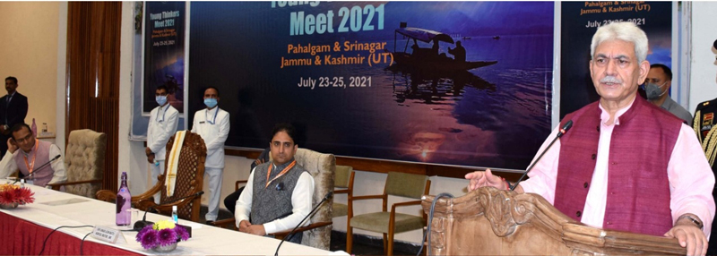 LG Manoj Sinha speaking during Young Thinkers Meet at SKICC, Srinagar. LG Manoj Sinha speaking during Young Thinkers Meet at SKICC, Srinagar.