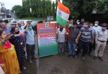 KPs protesting in front of Press Club Jammu on Wednesday. —Excelsior/Rakesh