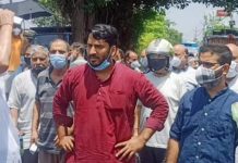 Corporator, Kapil Chib leading a protest at Roop Nagar against power and water crisis on Tuesday.