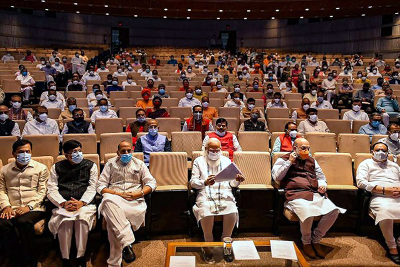 Prime Minister Narendra Modi with Defence Minister Rajnath Singh, Home Minister Amit Shah and others at the BJP Parliamentary Party meeting, during the Monsoon Session of Parliament, in New Delhi on Tuesday.