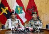 IGP Kashmir Vijay Kumar and GOC Victor Force Rashim Bali briefing media at Awantipora on Saturday. —Excelsior/Younis Khaliq
