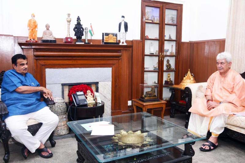 Lieutenant Governor Manoj Sinha in a meeting with Road, Transport and Highways Minister Nitin Gadkari in New Delhi on Monday. Lieutenant Governor Manoj Sinha in a meeting with Road, Transport and Highways Minister Nitin Gadkari in New Delhi on Monday.