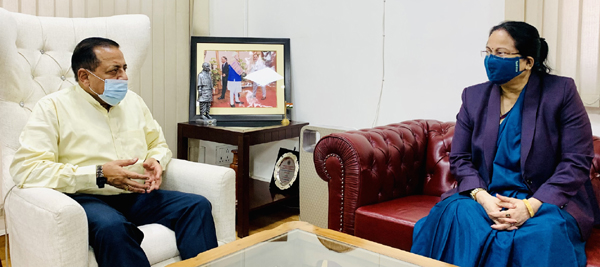 Central Administrative Tribunal (CAT) Chairperson Manjula Das briefing Union DoPT Minister Dr Jitendra Singh about the status of CAT benches in J&K on Saturday.
