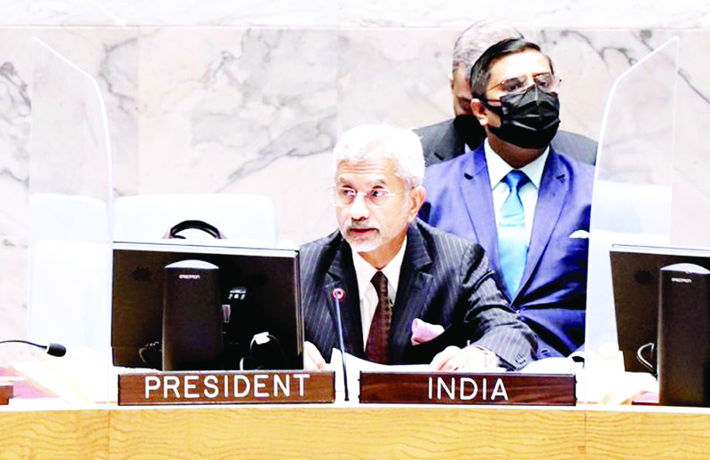 External Affairs Minister Dr. S Jaishankar addressing at UNSC in New York on Thursday. (UNI) External Affairs Minister Dr. S Jaishankar addressing at UNSC in New York on Thursday. (UNI)
