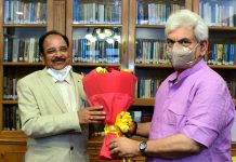 Union Minister of State for Defence and Tourism Ajay Bhatt in a meeting with Lieutenant Governor Manoj Sinha in Srinagar on Friday.