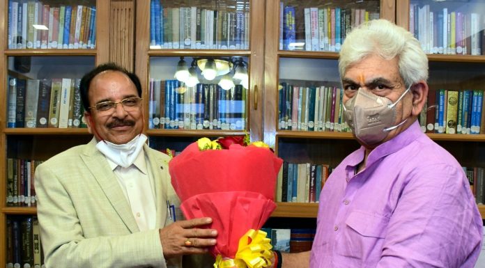 Union Minister of State for Defence and Tourism Ajay Bhatt in a meeting with Lieutenant Governor Manoj Sinha in Srinagar on Friday.