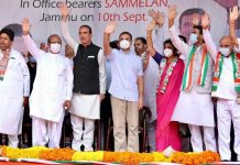 AICC leader Rahul Gandhi along with Ghulam Nabi Azad and senior leaders in Jammu on Friday.