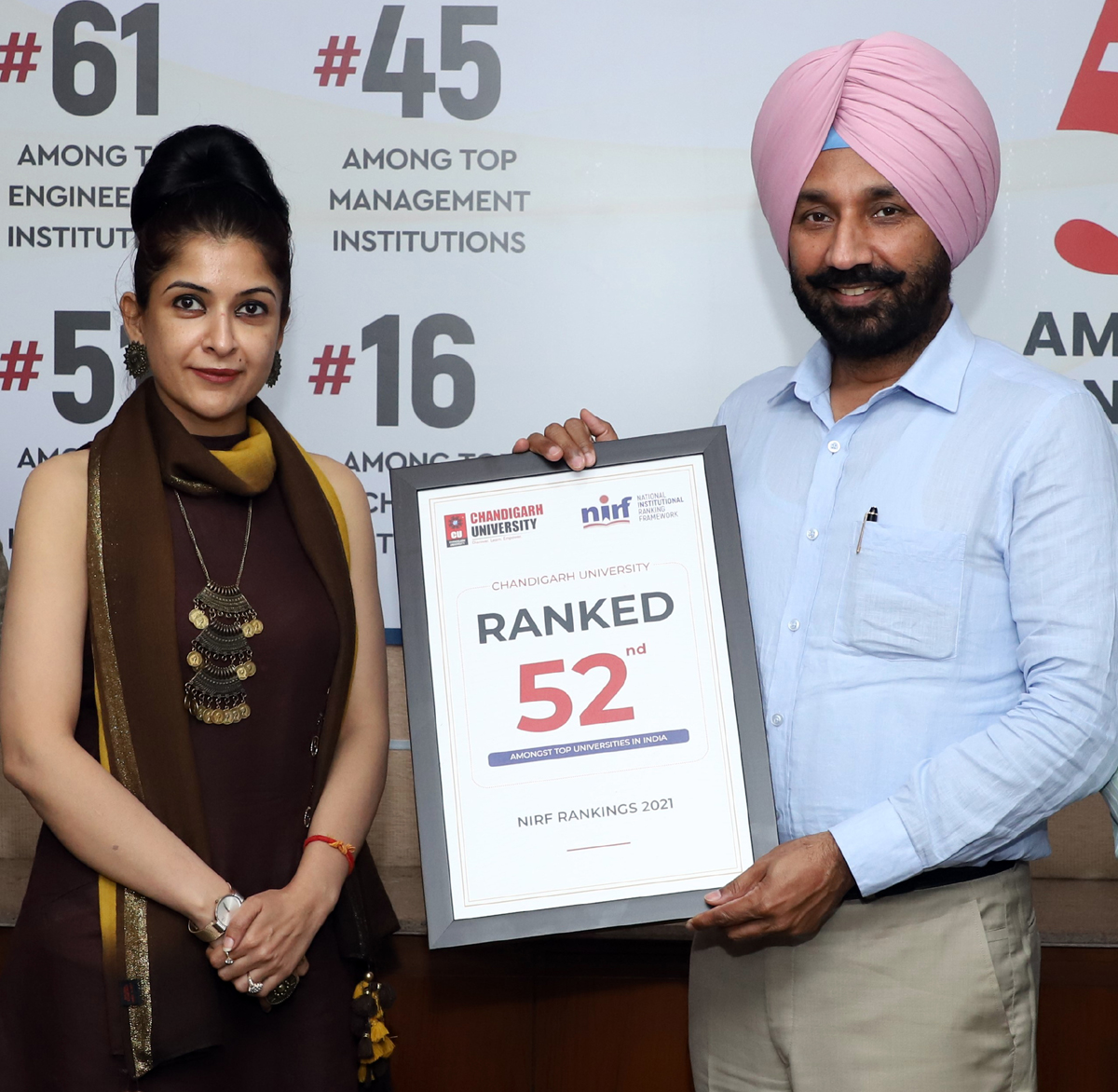 Satnam Singh Sandhu, Chancellor Chandigarh University showing ranking certificate. Satnam Singh Sandhu, Chancellor Chandigarh University showing ranking certificate.
