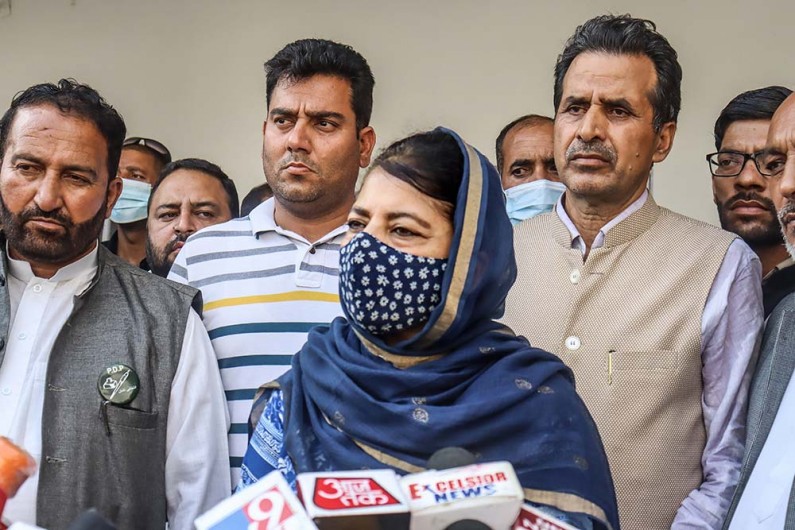 President of the People's Democratic Party (PDP) Mehbooba Mufti speaks to mediapersons at Dak Banglow Mendhar in Poonch district