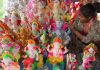 A worker gives final touch to the idols of Lord Ganesh ahead of Ganesh Chaturthi in Jammu. — Excelsior/Rakesh