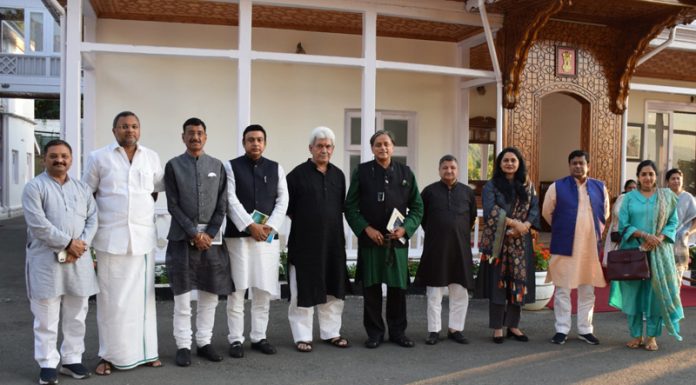 Lieutenant Governor Manoj Sinha with members of Parliamentary Panel on IT in Srinagar on Saturday.