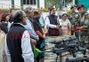 Parliamentary Committee on External Affairs members led by its Chairman PP Chaudhary inspecting sophisticated weapons during their visit to Chinar Corps in Srinagar on Wednesday.