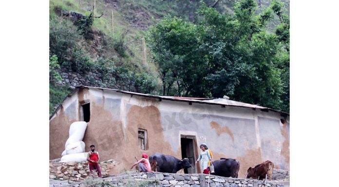 Villagers carry out daily routine work outside their ‘Kucha’ house on the outskirts of Jammu. -Excelsior/Rakesh