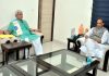 Lieutenant Governor Manoj Sinha in a meeting with Defence Minister Rajnath Singh in New Delhi on Monday.