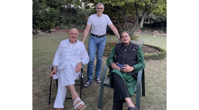 Parliamentary Committee on IT chairman Shashi Tharoor with Dr Farooq Abdullah and Omar Abdullah in Srinagar on Saturday.