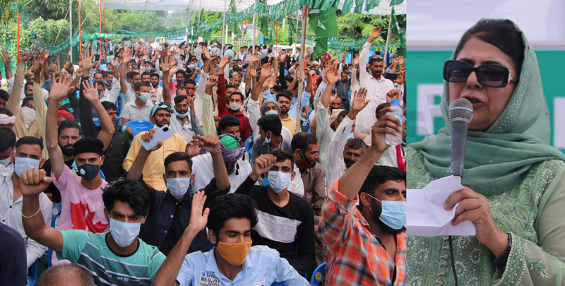 PDP president Mehbooba Mufti addressing party workers rally in Jammu on Sunday. —Excelsior/Rakesh PDP president Mehbooba Mufti addressing party workers rally in Jammu on Sunday. —Excelsior/Rakesh