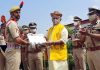 Lieutenant Governor Manoj Sinha awarding a new recruit at SKPA Udhampur on Thursday. -Excelsior/K Kumar