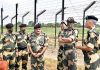 DG BSF Pankaj Kumar Singh with senior officers visiting International Border in Jammu on Friday. (UNI)