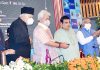 Union Minister of Road Transport and Highways Nitin Gadkari, Lt Governor Manoj Sinha, Minister of State Gen (Retd) VK Singh and NC leader Dr Farooq Abdullah laying the foundation stone of work for 4 NH Projects in Srinagar on Monday. (UNI)