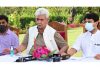 Union Minister Jyotiraditya Scindia and Lieutenant Governor Manoj Sinha at a press conference in Srinagar on Saturday.