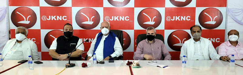 Dr Farooq Abdullah and Omar Abdullah along with NC leaders attending party meeting at Sher-e-Kashmir Bhawan in Jammu on Wednesday. Dr Farooq Abdullah and Omar Abdullah along with NC leaders attending party meeting at Sher-e-Kashmir Bhawan in Jammu on Wednesday.