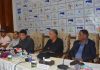 Tourism Secy Sarmad Hafeez addressing press conference along with Golf professionals at Srinagar on Tuesday.