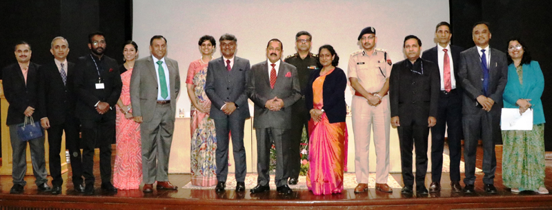 Union Minister Dr Jitendra Singh posing for photograph with awardee officers during Joint Civil-Military Program at Lal Bahadur Shastri National Academy of Administration(LBSNAA) Mussoorie, on Saturday. Also seen is Director LBSNAA, K. Srinivas.