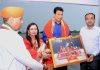 CEO, SMVDSB, Ramesh Kumar presenting photograph of Mata Vaishno Devi to Tripura CM Biplab Kumar at Katra on Wednesday.